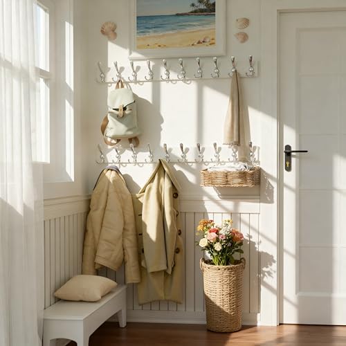 SKOLOO Creations White Solid Wood Wall Mounted Coat Rack, 10 Hooks, 38-1/8" Long - Kitchen, Mudroom, Entryway, Bathroom - Includes Mounting Hardware, Wall Coat Hanger, Towel Rack - Image 2