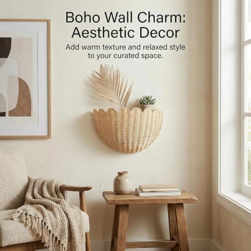 Scalloped Wall Hanging Shelves, Hand-Woven Wicker Wall Basket Decor, Boho Natural Rattan Decor – for Home, Living Room, Nursery Room (16 x 12 x 7 & 14 x 8 x 6 Inch) - Image 5