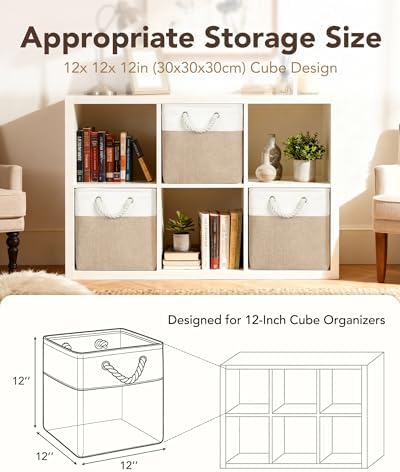 12x12 Inch Fabric Cube Storage Bins with Cotton Rope Handle 6-Pack - Image 3