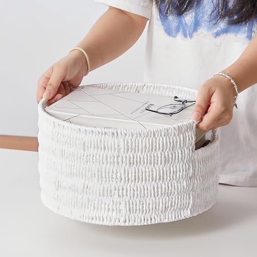 Vagusicc Wicker Storage Basket, Hand-Woven Paper Rope Large Round Woven Basket With Handles, Wicker Baskets for Organizing/Storage, White, 3-Pack - Image 3