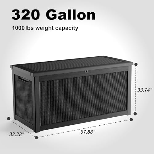 Outdoor Waterproof Resin Storage Deck Box Lockable Outside Bench UV Resistant Bin Patio Porch Furniture Pool Float Garden Tool Cushion (Black, 320 Gallon) - Image 7