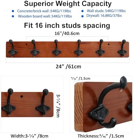 WEBI Rustic Coat Rack Wall Mount,24" Long 6 Cast Iron Coat Hooks Wall Mounted,Heavy Duty Farmhouse Wood Coat Hanger Wall Antique Vintage Hooks for Hanging Jacket,Clothes,Backpack,Cherry - Image 2