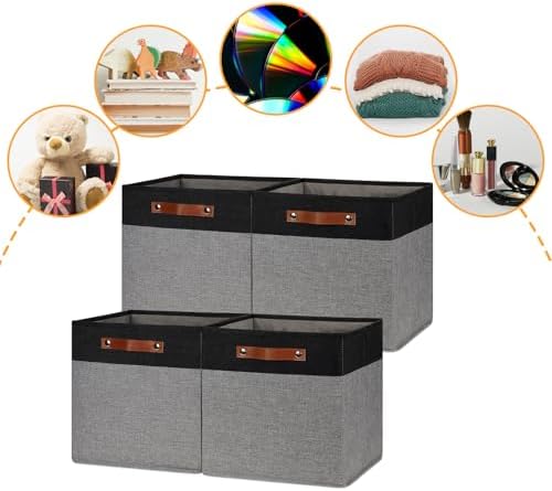 DULLEMELO 13x13 Storage Cubes, Collapsible Sturdy Cube Storage Bins With Handles for Organizing,Fabric Storage Cubes Baskets for Shelves Nursery Closet Home Organization and Storage (Black&Grey) - Image 5