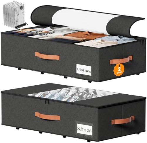 TOSKING 2-Pack Under Bed Storage Drawers with Wheels, 6 Vacuum Bags, 7.9" Height, Large 65L/80 lbs Clear Lid Rolling Bin, 900D Oxford, Space Saver for Dorm Bedroom, Blankets, Clothes, Shoes, Black by TOSKINGESSENCE