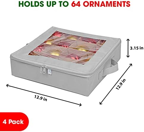 ProPik 4 Pcs Christmas Ornament Storage Boxes with Dividers, Transparent Top Zipper Closure, 4 Individual Ornament Holder Trays, Keeps 64 Holiday Ornaments, Ornament Organizer Storage Box (Gray) - Image 4