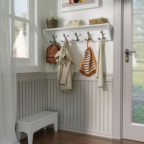 SKOLOO Wall Shelf with Hooks, 35-Inch White Coat Rack Wall Mount with Shelf Organizer - Lightweight & Sturdy​​, 5 Tri Hooks - Perfect for Entryway, Hallway, Living Room, Bedroom, Mudroom - Image 2