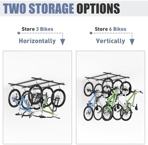 WALMANN Garage Ceiling Bike Rack, Adjustable Overhead Bicycle Storage System – Stores 3 Bikes Horizontally or 6 Bikes Vertically, Ceiling-Mount Bike Hanger for Road & Mountain Bikes - Image 3