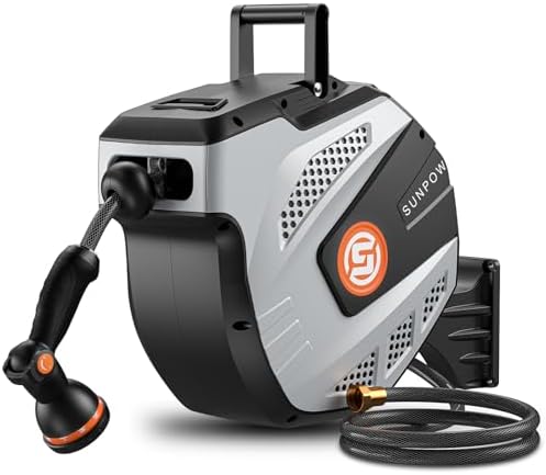 SUNPOW Retractable Garden Hose Reel - 1/2 inch x 85ft Heavy Duty Wall Mounted Hose Reel with 3/4 inch Brass Fitting & 10 Sprayer Nozzle - Any Length Lock, Auto Rewind System, 180°Swivel Bracket- Grey by SUNPOW