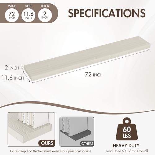 Acovy 72 Inch Floating Shelves, 12" Deep Floating Shelf Wall Mounted, 72" Wall Shelves, Rustic Deep Bookshelf, Extra Deeper & Thicker Display Shelves for Bedroom, Living Room, Gray, Set of 1 - Image 3