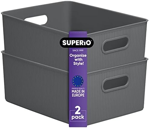 Superio Ribbed Collection - Decorative Plastic Basket Open Home Storage Bins Organizer, Large Grey (2 Pack) Container Boxes for Organizing Closet Storage Bins for Shelves 15 Liter/16 Quart by Superio