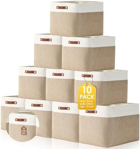 Uiifan 10 Pcs Collapsible Fabric Storage Baskets, 17 x 15 x 12 Inch, Beige by Uiifan