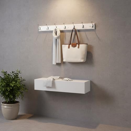 Wooden Wall Mounted Coat Rack – 35 Inch, White with 7 Silver Hooks for Entryway, Hallway, Bedroom - Image 3