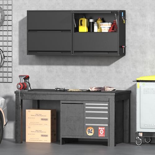 Metal Garage Wall Cabinet with Up-Flip Door, Black Float Tool Cabenit with 2 Doors,Upper Storage Cabinets with Pegboard for Kitchen,Garage,Workshop,Warehouse (25.6" H,Black) - Image 2