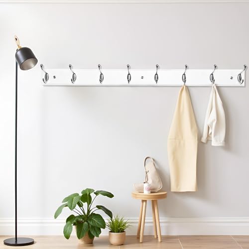 Wooden Wall Mounted Coat Rack 35 inch (90cm) with 8 Silver Hooks, Lang Wood White Coat Hook for Entrance, Hallway, Bedroom, Wall Clothes Hanger - Image 5