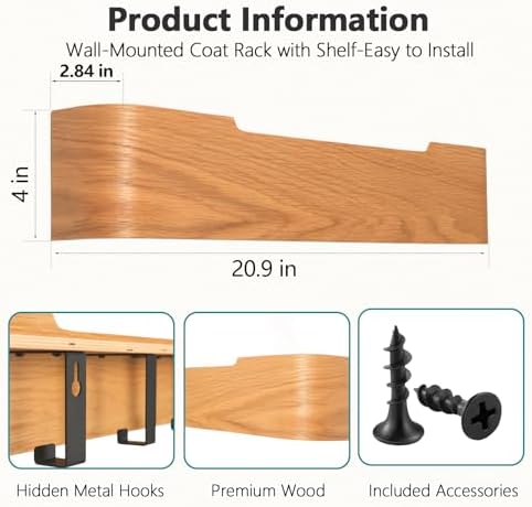 Coat Rack Wall Mount with Hidden Hooks Modern Key Holder Wood Entryway Hook with Shelf for Bedroom Kitchen Hallway Bathroom Designed for Hanging Coats Hats Bags Towels Dog Leashe(Oak,5 Hooks) - Image 3