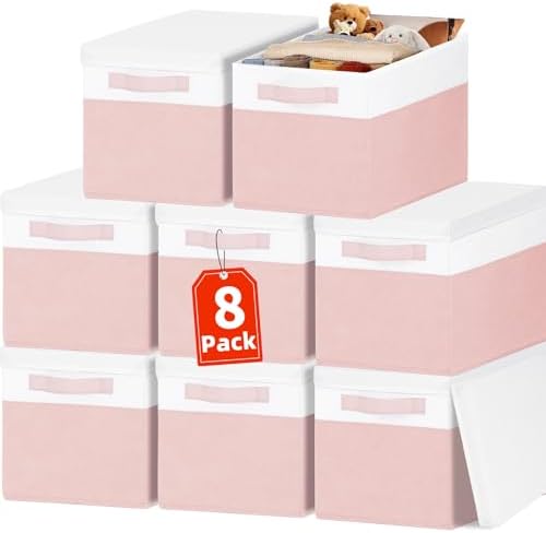 Large Closet Organizer Bins with Lids 8 Pack - Pink Storage Baskets for Shelves Nursery Bedroom Dorm RV - Stackable Decorative Closet Organization Box with Handles for Clothes Purse Blanket Towel by Criusia