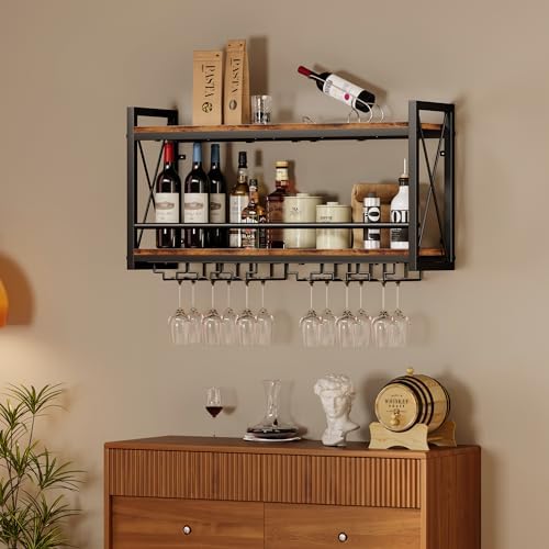 Homeiju Wall Mounted Wine Rack, Bottle & Glass Holder Wood-Metal Retro Wine Rack, Wine Bottles Display Wall Storage for Kitchen Dining Room Home Bar - Image 3