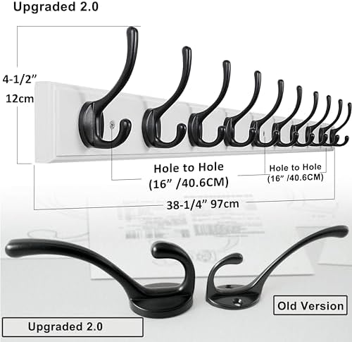 Dseap Coat Rack Wall Mounted: 10-Hooks, 38-1/4" Long, 16" Hole to Hole, Wood Coat?Hooks Wall Mounted, Hook Rack, Hook Rail, Hooks for Hanging Coats, White & Black - Image 2
