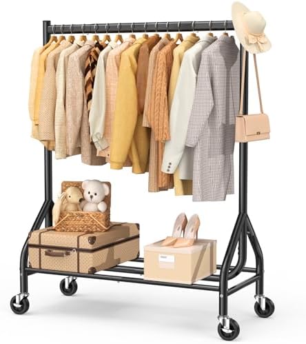 EAGMAK Heavy Duty Clothes Rack Load 420 LBS, Rolling Garment Rack with Lockable Wheels, Standing Metal Clothing Rack with Shelves, Portable Wardrobe Sturdy Coat Rack for Hanging Clothes (Black) by EAGMAK