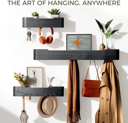 Coat Rack Wall Mount with Shelf Entryway Shelf Modern Key Holder Hanger Wall Shelves with Hidden Hooks for Hanging Towels Coats Hats Bags for Hallway Bathroom Bedroom(Black, 8 Hooks) - Image 3