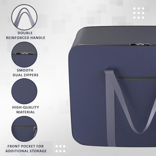 Kuber Industries Pack of 3 Storage Bag | Clothes Storage Bag | Rexine Underbed Storage Bag | Wardrobe Organizer for Blanket-Comforters | Foldable Attachi Bag with Handle | Large | Navy Blue - Image 4