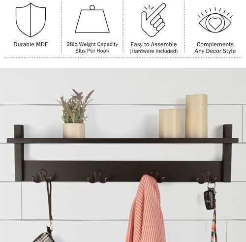 Lavish Home Coat Rack with Shelf - Wall Mount Shelf with 4 Hooks for Purses, Jackets and Keys - Coat Rack for Entryway, Mudroom, or Hallway (Black) - Image 3