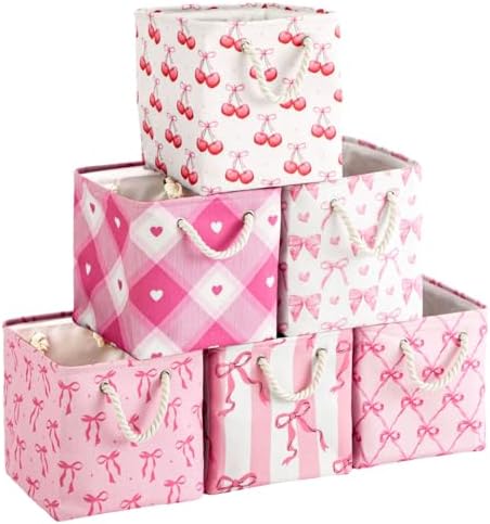 6 Pack Pink Bow Fabric Storage Bins 13 Inch Foldable Cube Storage Baskets by Geiserailie