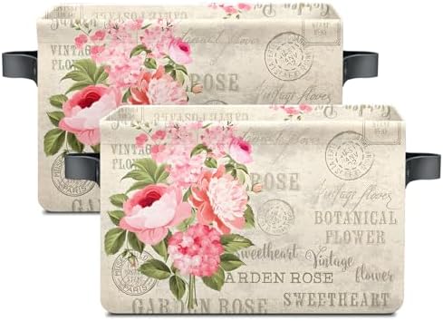 Vintage Rose Floral Foldable Baskets Storage Bins with Handles, Decorative Cloth Organizer Storage Boxes 2 sets - Image 2