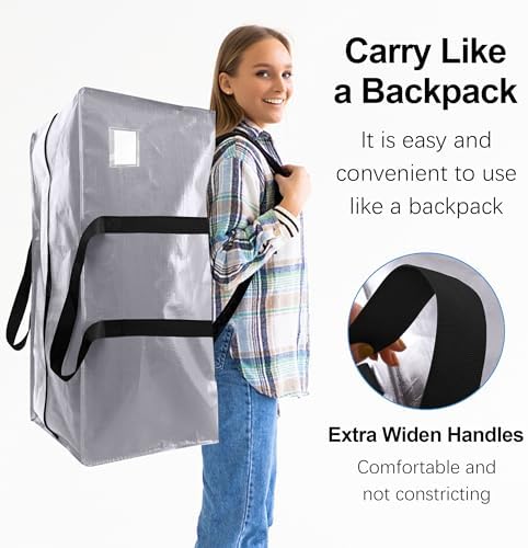 VELVETSURE 12 Pack Heavy Duty Extra Large Moving Bags W/Backpack Straps - Strong Handles & Zippers, Storage Totes For Space Saving, Fold Flat, Alternative to Moving Box and Storage Bin, Silver - Image 4