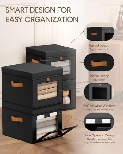 Homsorout Storage Bins with Lid – Closet Organizer with Side Opening and Clear Window, Foldable Stackable Fabric Basket for Clothes, Home, Office - 13.77" x 11.8" x 9.8", 4 Pack, Black - Image 2