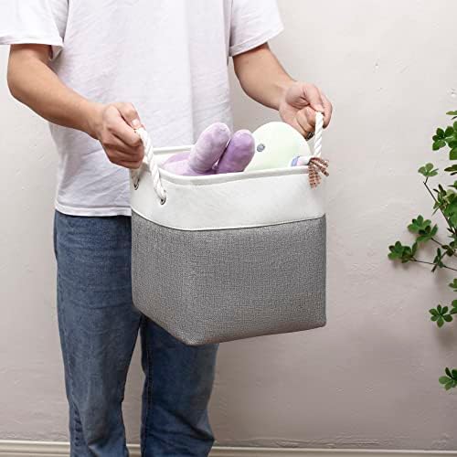 MidmmVick 11 x 11 Inch Cube Storage Bins, 6 Pack Large Collapsible Fabric Storage Bin with Ropes, Foldable Storage Cubes for Home, Office,Closet, Clothes, Toys Organizer (White & Grey-11"x11"x11") - Image 6