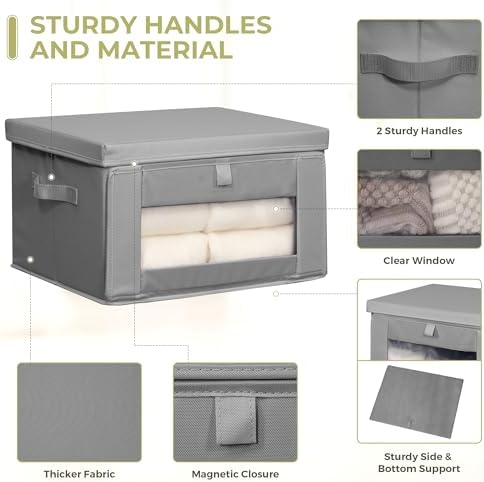 Thick Fabric Storage Bins with Lids, Collapsible Storage Box Closet Shelf with Clear Window, Decorative Baskets for Clothes, 3 Set, Grey, Medium - Image 5