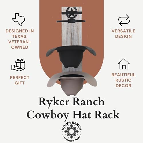 Ryker Ranch Cowboy Hat Rack for Wall | Western Hat Rack for Cowboy Hats | Rustic White Wood and Metal Cowboy Hat Holder for Wall | Cowboy Hat Hanger for Farmhouse Decor - Image 3