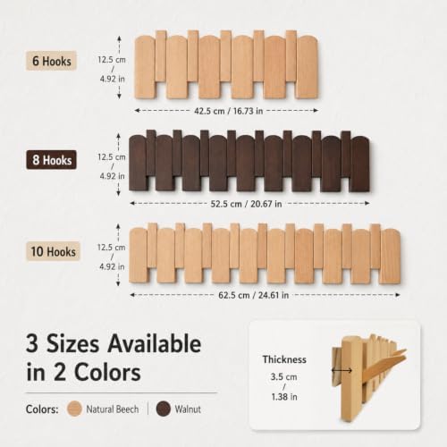 Piano Coat Rack, Solid Beech Wall Hooks, Walnut Finish, 8 Hooks - Image 2