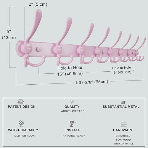 Dseap Coat Rack Wall Mount - 38” Long 10-Tri-Hooks Heavy Duty Coat Hanger Rail Wall Hooks for Hanging Coats Hats Clothing Clothes Purse Mudroom Entryway, Pink, Pack of 2 - Image 6