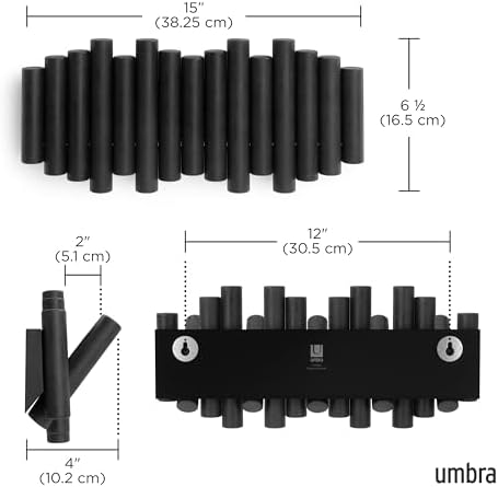 Umbra Picket Coat Rack, Wall Mount 5 Flip-Down Coat Hooks, Black - Image 3