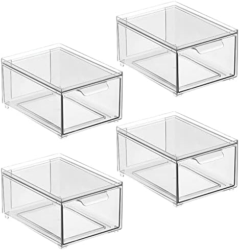 mDesign Plastic Bathroom Organizer Bin w/Pull Out Drawer - Slim Stackable Storage Container for Bathroom Accessories - Perfect for Organizing Bathroom Cabinet - Lumiere Collection - 4 Pack - Clear by mDesign