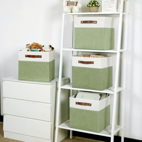 Temary 12 Inch Fabric Storage Cubes Storage Bins with Leather Handles, 4 Pack Cube Baskets Bins for Organizing Closet, Foldable Cloth Baskets for Shelves (White&Green) - Image 5