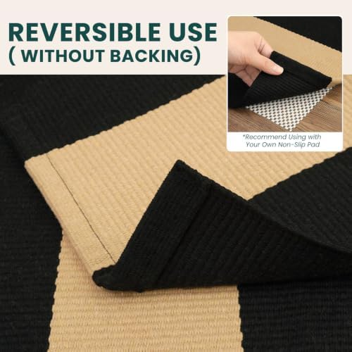 KOZYFLY 4x6 ft Brown and Black Striped Rug Front Door Rug Cotton Woven Rugs - Image 4