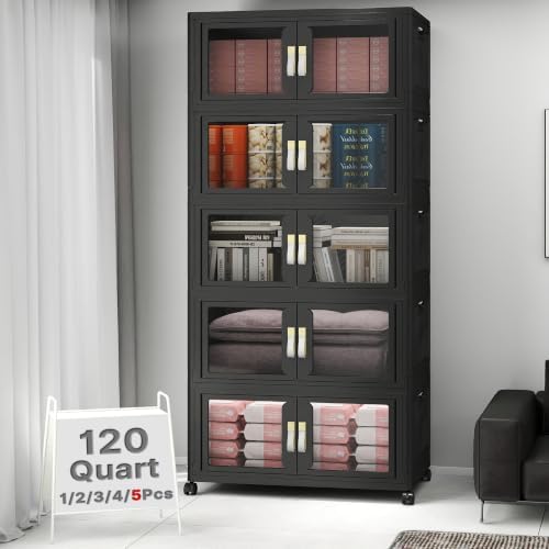 UAMFURI Stackable Storage Bins with Lids, Clear Doors, Large Storage Cabinet Foldable Collapsible Closet Organizers for Bedroom Dorm Office (5, Black, 120, Quarts) by UAMFURIDirect