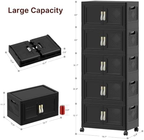UAMFURI Stackable Storage Bins with Lids, Clear Doors, Large Storage Cabinet Foldable Collapsible Closet Organizers for Bedroom Dorm Office (5, Black, 48, Quarts) - Image 2