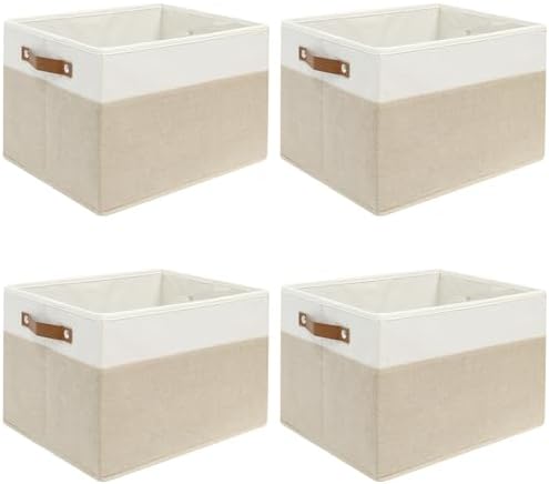 4 Pack Large Fabric Storage Baskets with Handles (White with Beige,15" L*13" W*13" H) by Unknown
