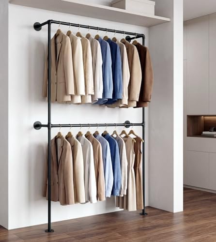 Industrial Pipe Clothing Rack Wall Mounted Garment Rack, Black Pipe Clothes Rack Retail Display Hanging Rod for Closet Storage, Laundry Room by IronJiaZu