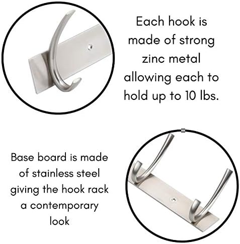 BIRDROCK HOME Premium 5-Hook Stainless Steel Coat and Hat Rack for Wall - Set of 2 - Front Door Organizer - Mounted Hanger for Jackets, Clothes, Hats, Towel - Silver Dual Hooks - Brushed Nickel Finish - Image 5