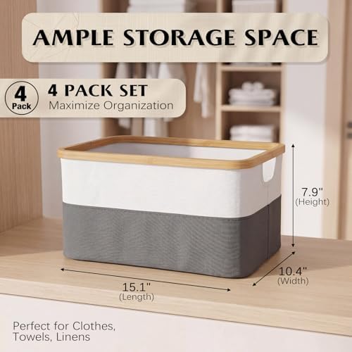 Hushee 4 Pack Bamboo Fabric Storage Bins for Shelves, 15"x10"x7.9" Collapsible Storage Baskets for Organizing, Two-Tone Foldable Bins for Clothes, Towels, Linens(White with Grey) - Image 2