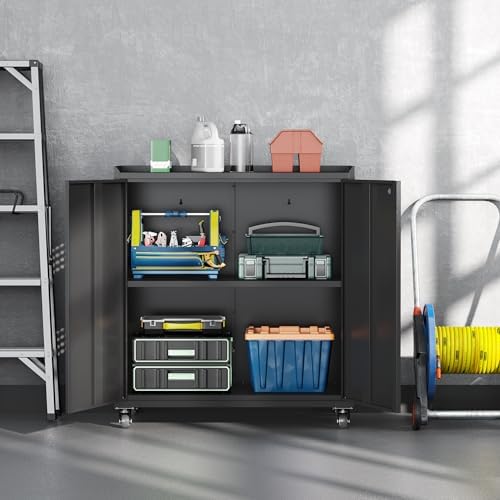 34" Metal Garage Storage Cabinet with Wheels, Adjustable Rolling Tool Storage Cabinet with Lock, Steel Locking Tool Cabinet with Doors and Shelves for Garage, Warehouse（Black） - Image 2