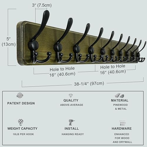 Dseap Coat Rack Wall - Heavy-Duty 38-1/4" Long, with Reinforced 10 Custom Tri-Hooks, Solid Wood Wall Hanger for Coats Hat Jackets - Rustic Farmhouse Entryway Hallway Storage, Weathered Green & Black - Image 6