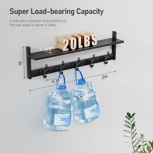 Tatub 29" Rustic Coat Rack Wall Mount with Shelf, Entryway Wall Hooks with Shelf, Coat Hangers for Bathroom, Living Room, Bedroom, Black - Image 4