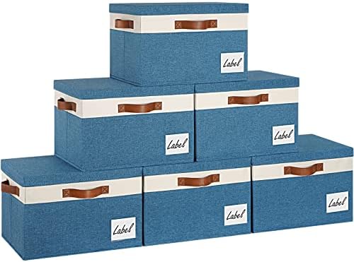 GhvyenntteS Fabric Storage Bins with Lid 6 Pack, Large Decorative Storage Boxes with Lids and Handles, Foldable Fabric Storage Baskets with Lid and Label for Home Office (Blue, 15" x 11" x 9.7") by GhvyenntteS