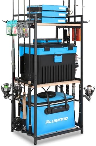 PLUSINNO 3 Tier Fishing Rod Holder, Fishing Pole Holders for Garage, Fishing Rod Rack Fishing Rod Storage Up to 8 Rods, Fishing Gear Tackle Box Fishing Equipment Organizers, Fishing Gifts for Men by PLUSINNO
